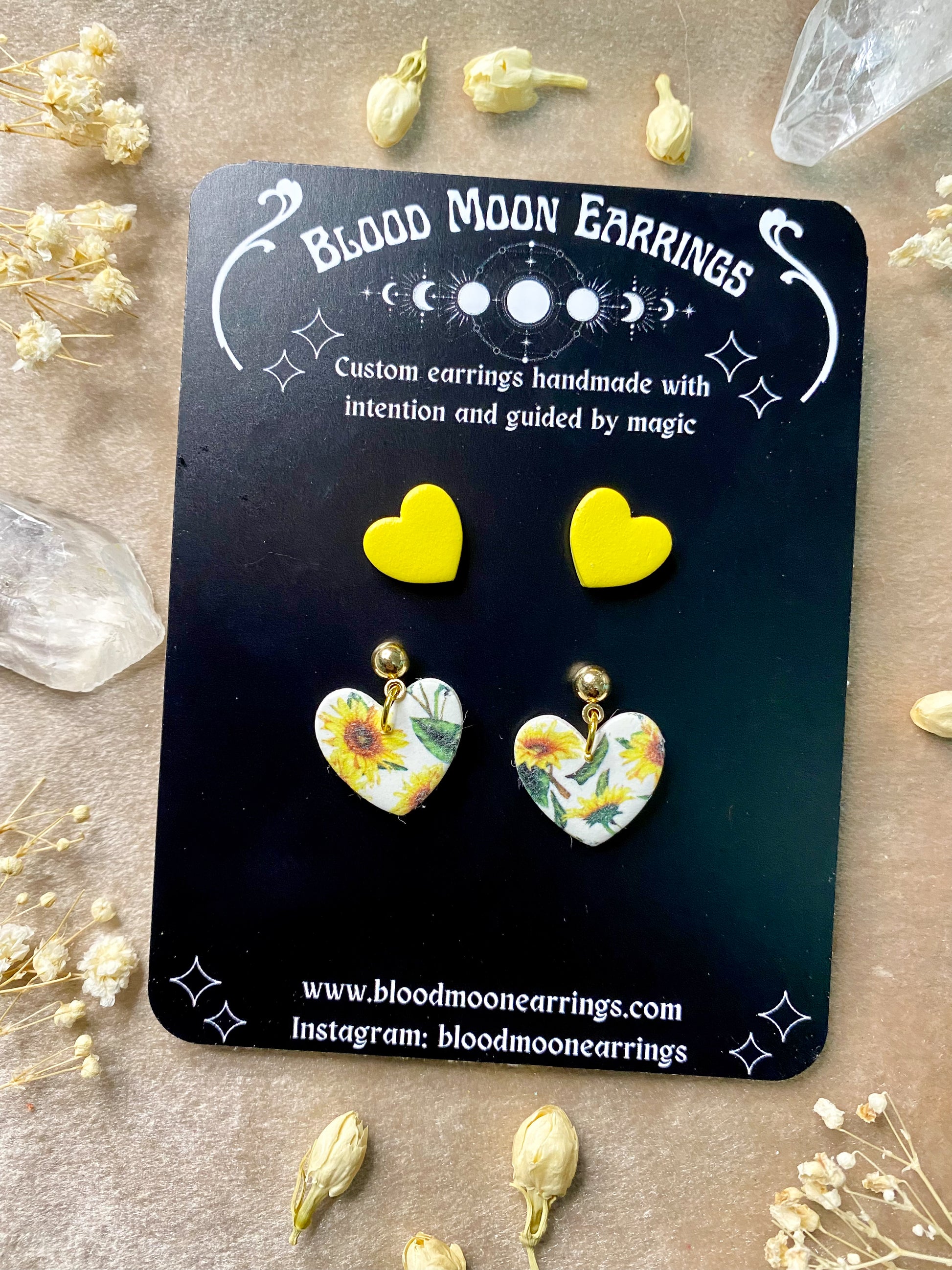sunflower heart and yellow heart dangle and stud polymer clay earrings pack