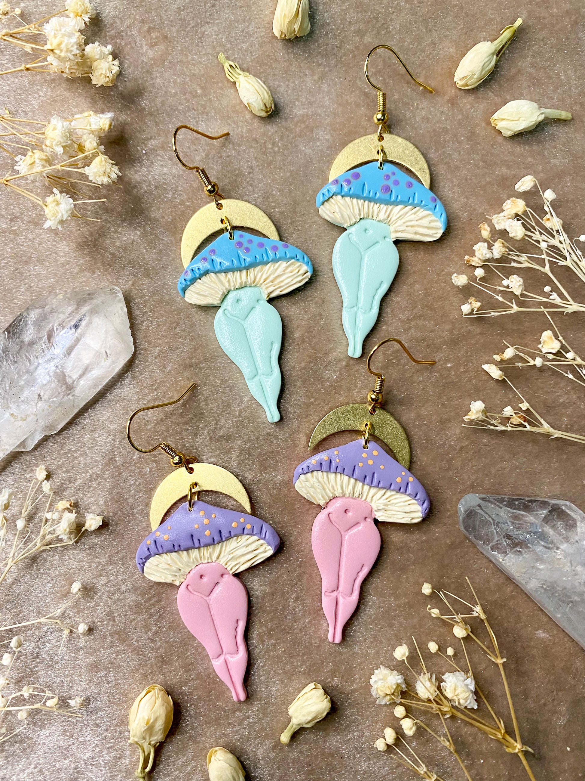 mushroom lady legs polymer clay dangle earrings