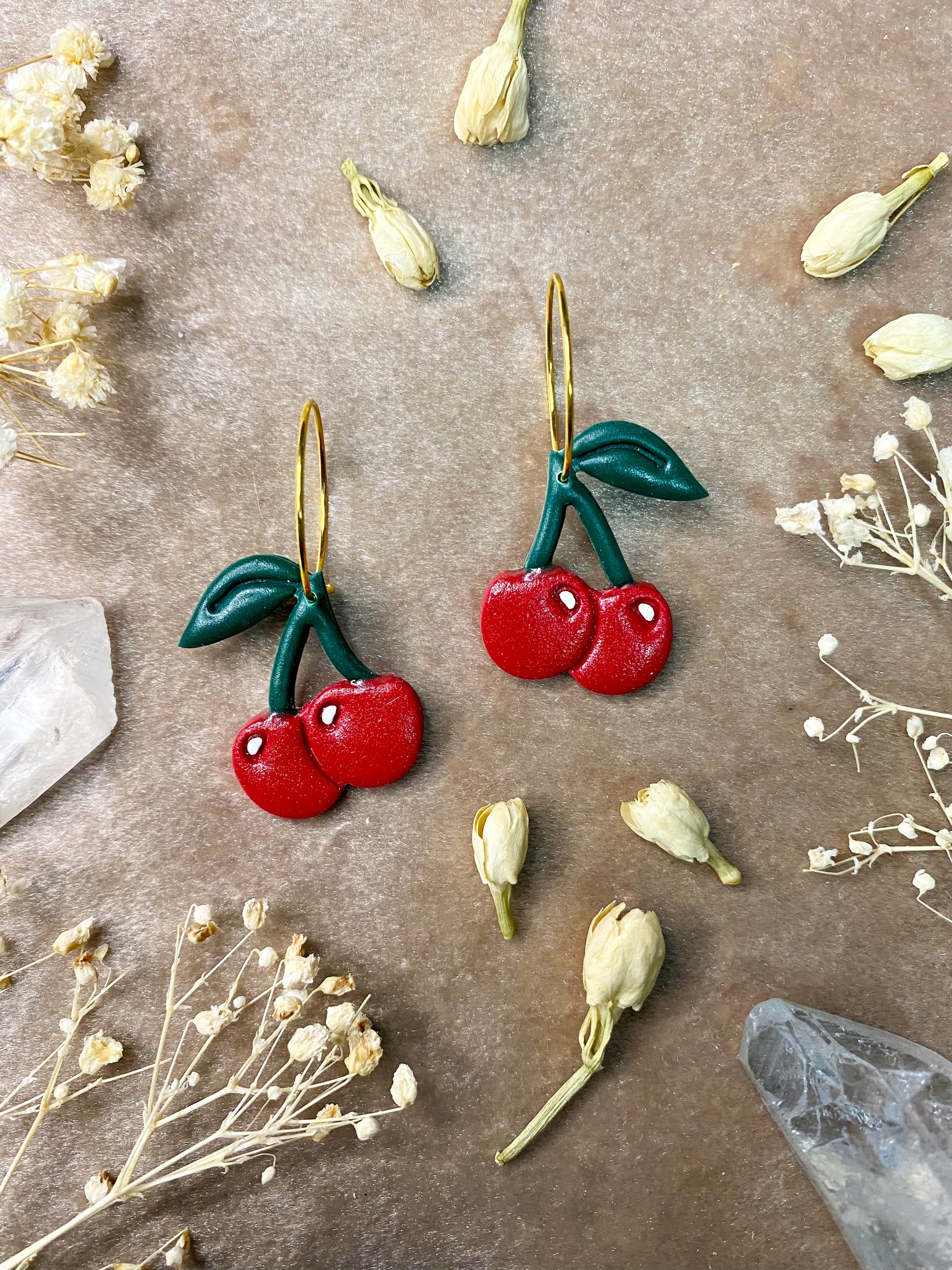 polymer clay cherry hoop earrings