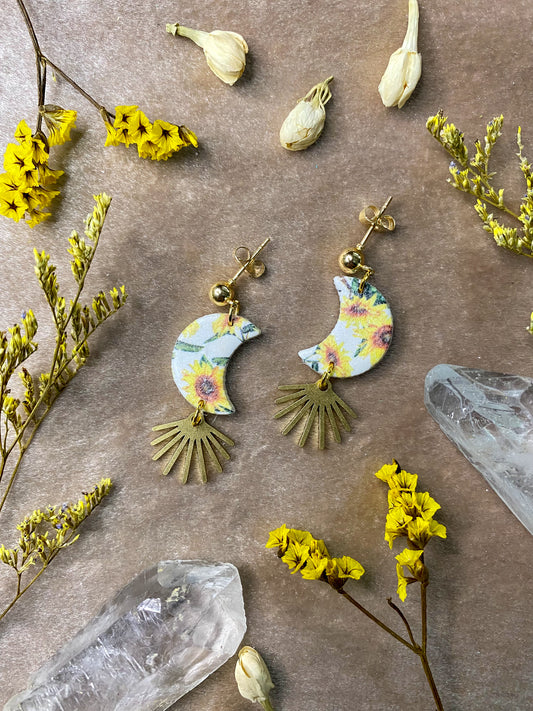 sunflower print polymer clay moon dangle earrings
