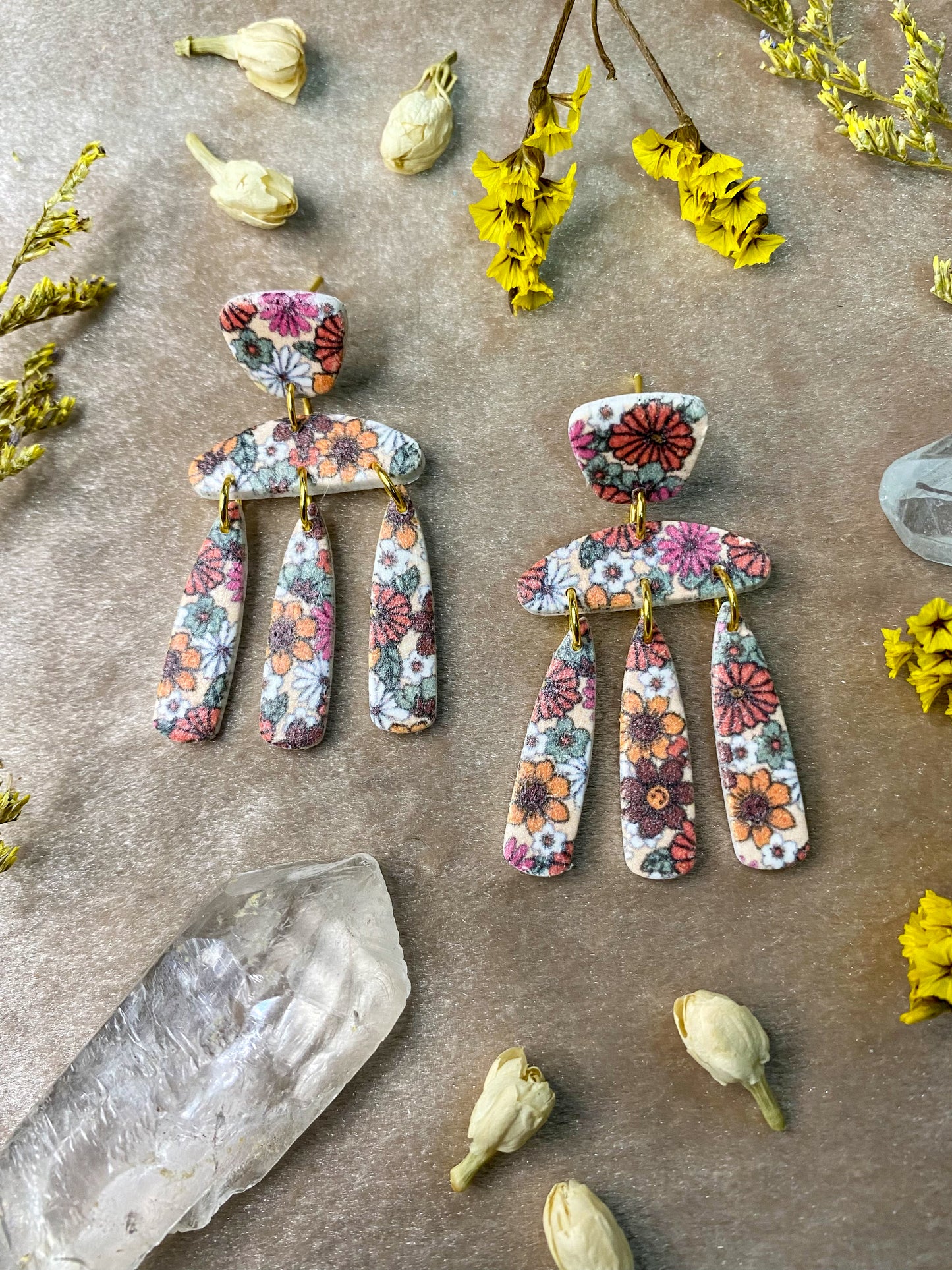 groovy flower medley polymer clay dangle earrings