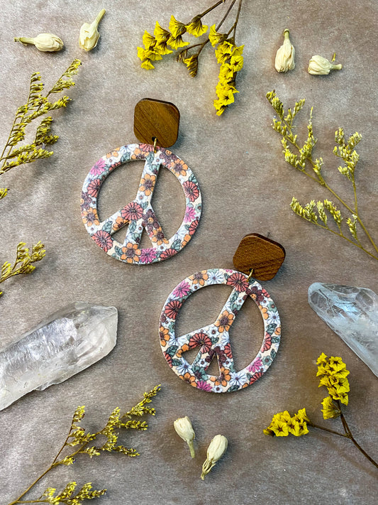 flower medley groovy polymer clay peace sign earrings