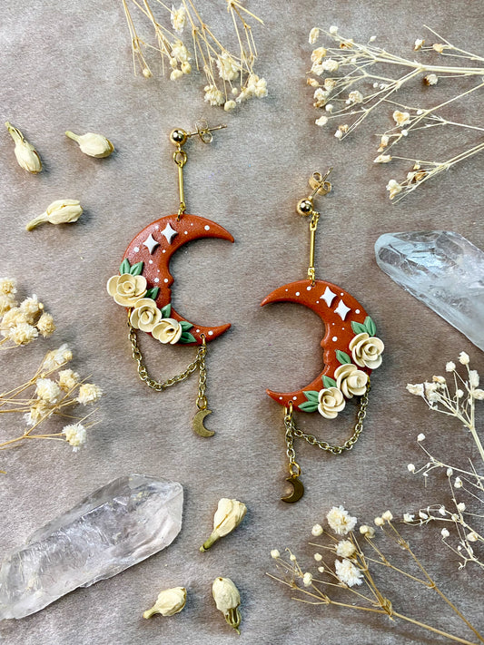 orange and ivory floral moon polymer clay earrings
