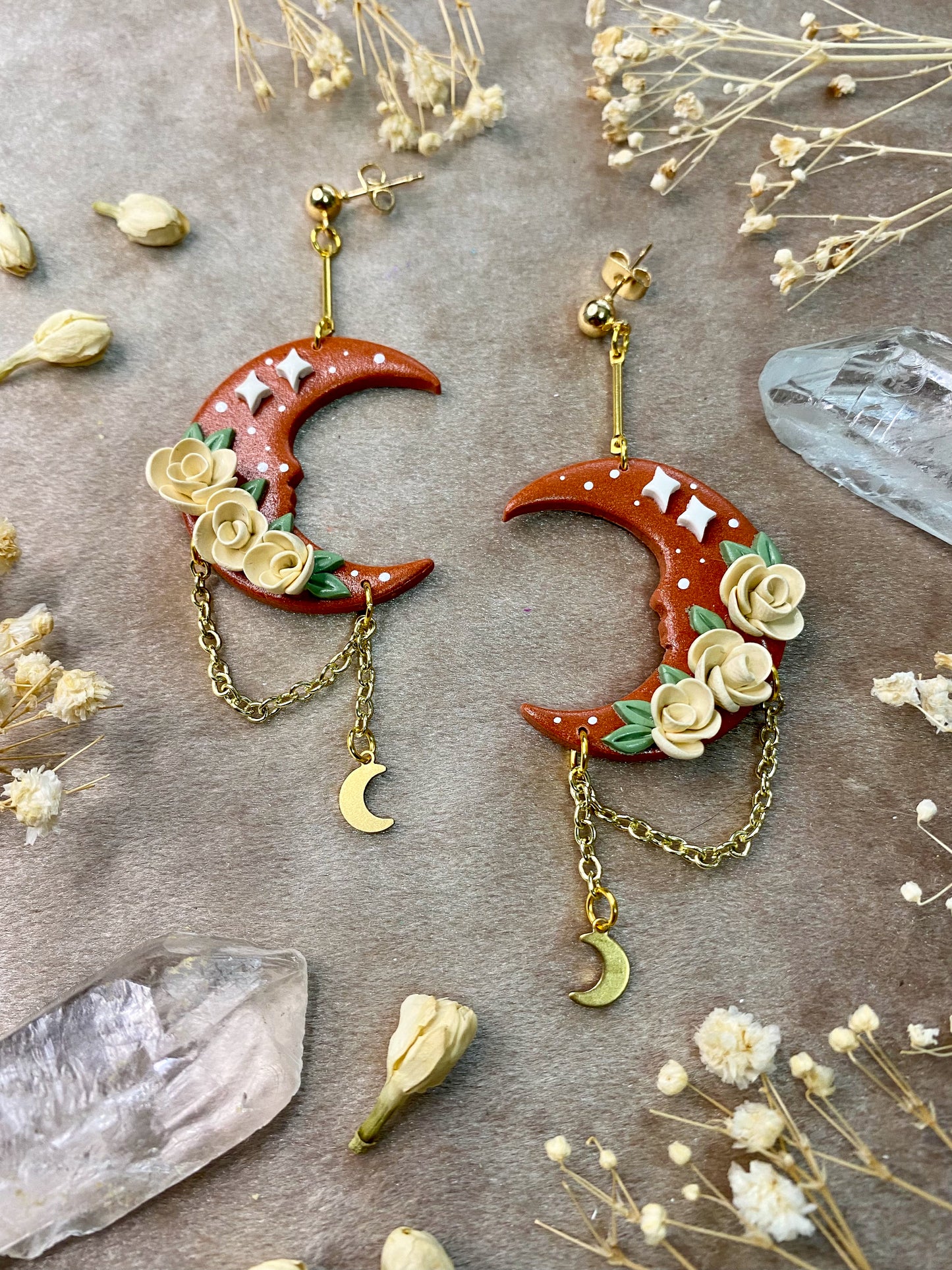 Cinnamon and Ivory Floral Moon Earrings