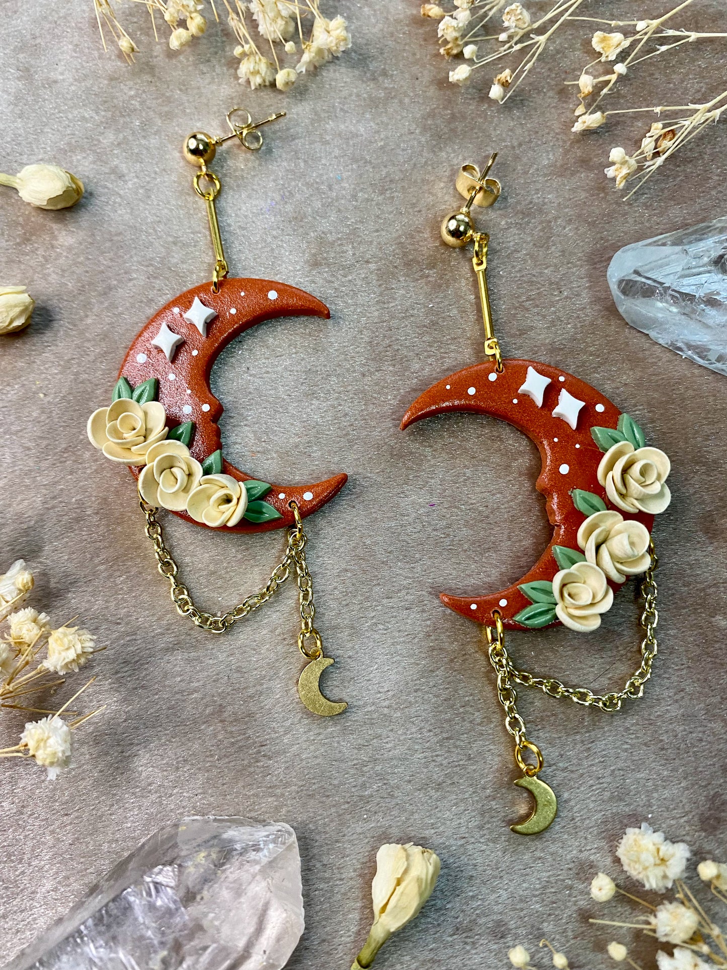 Cinnamon and Ivory Floral Moon Earrings