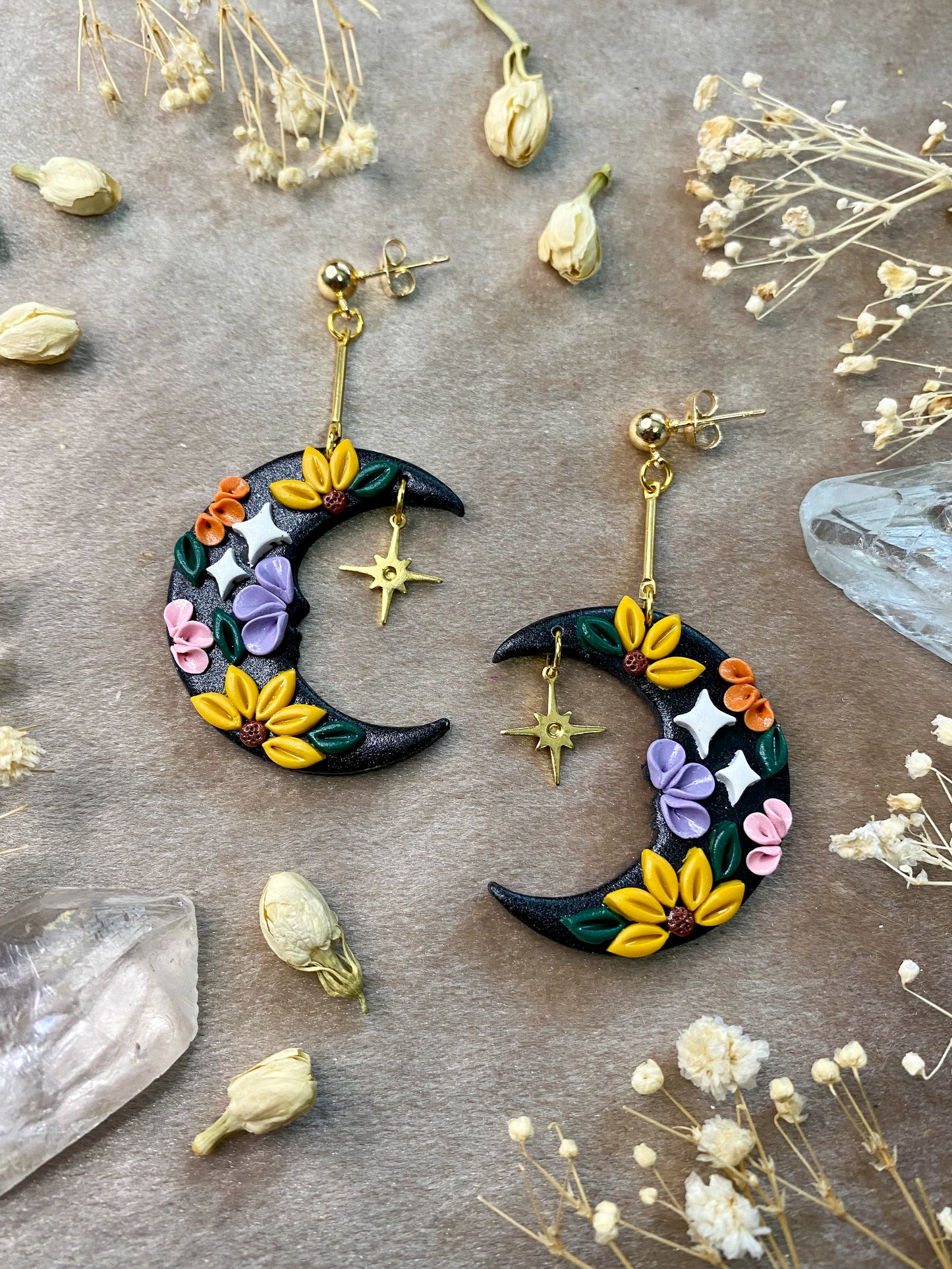 tropical floral moon polymer clay earrings