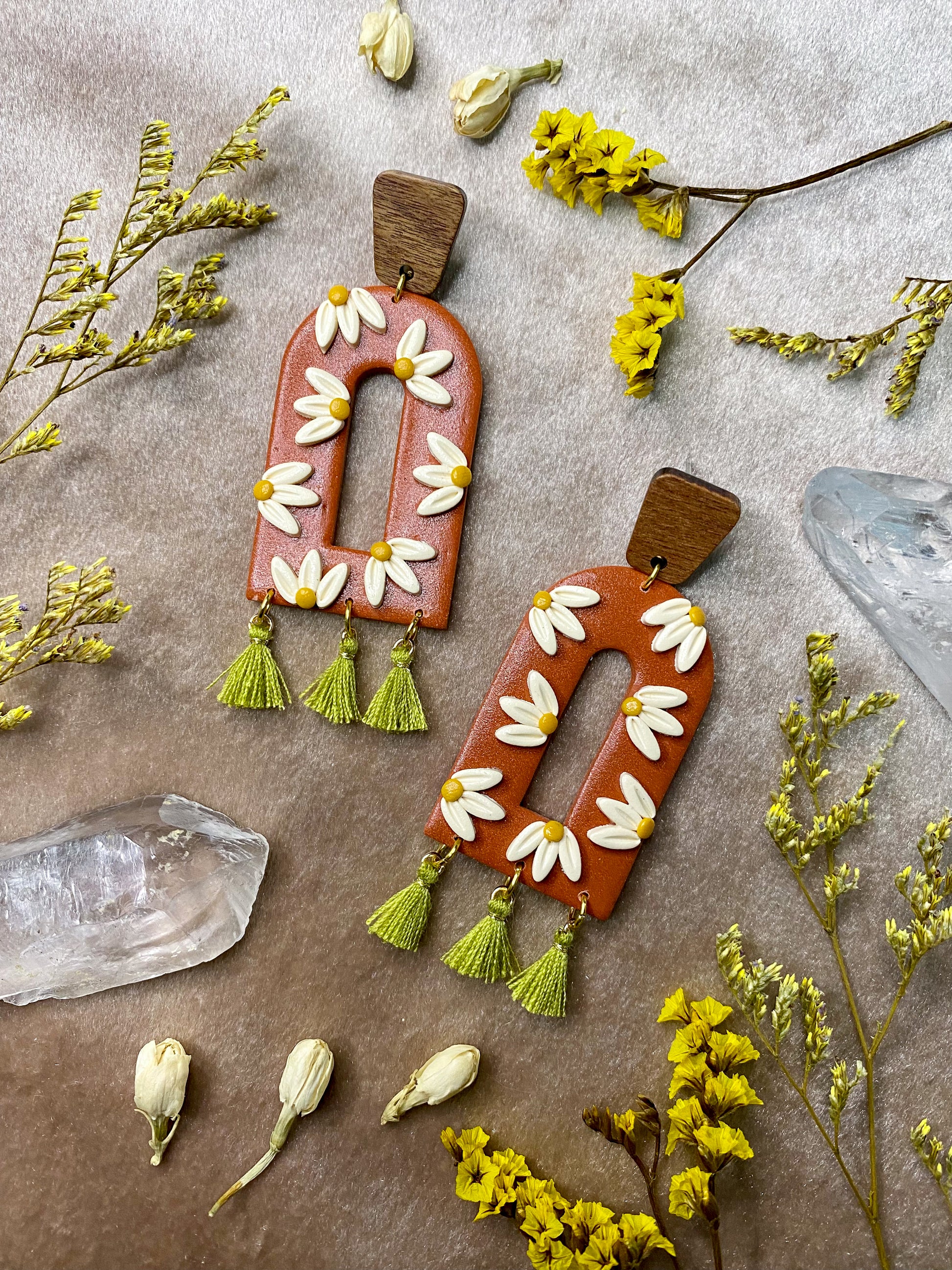 orange and ivory floral arch polymer clay earrings
