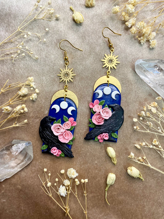moon phase ravens polymer clay arch dangle earrings