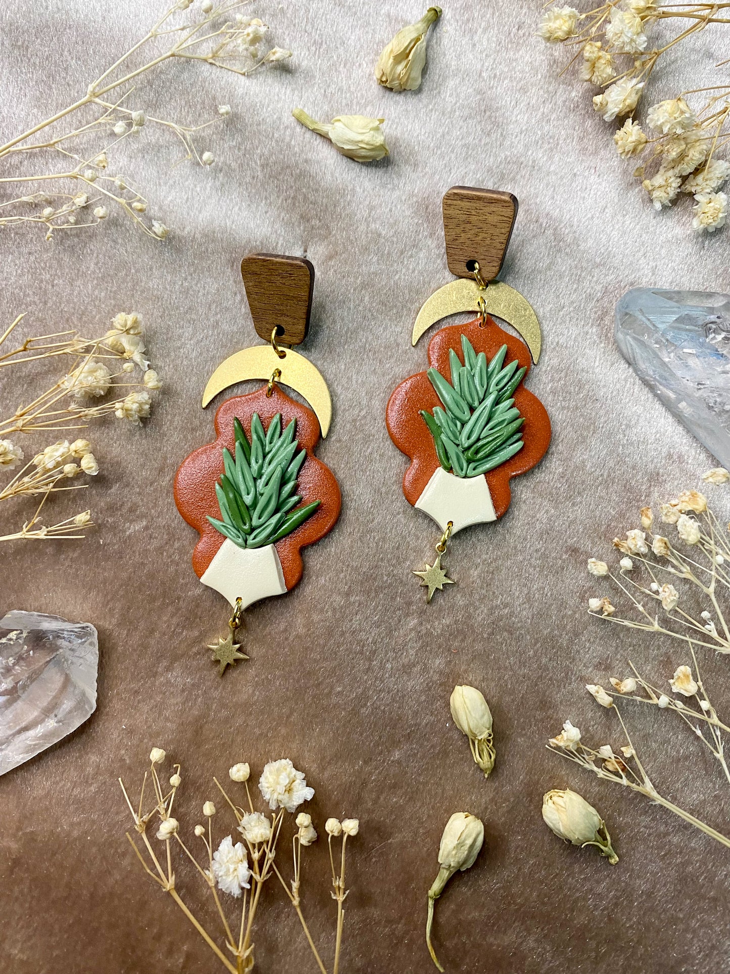 polymer clay and wood boho potted plant dangle earrings
