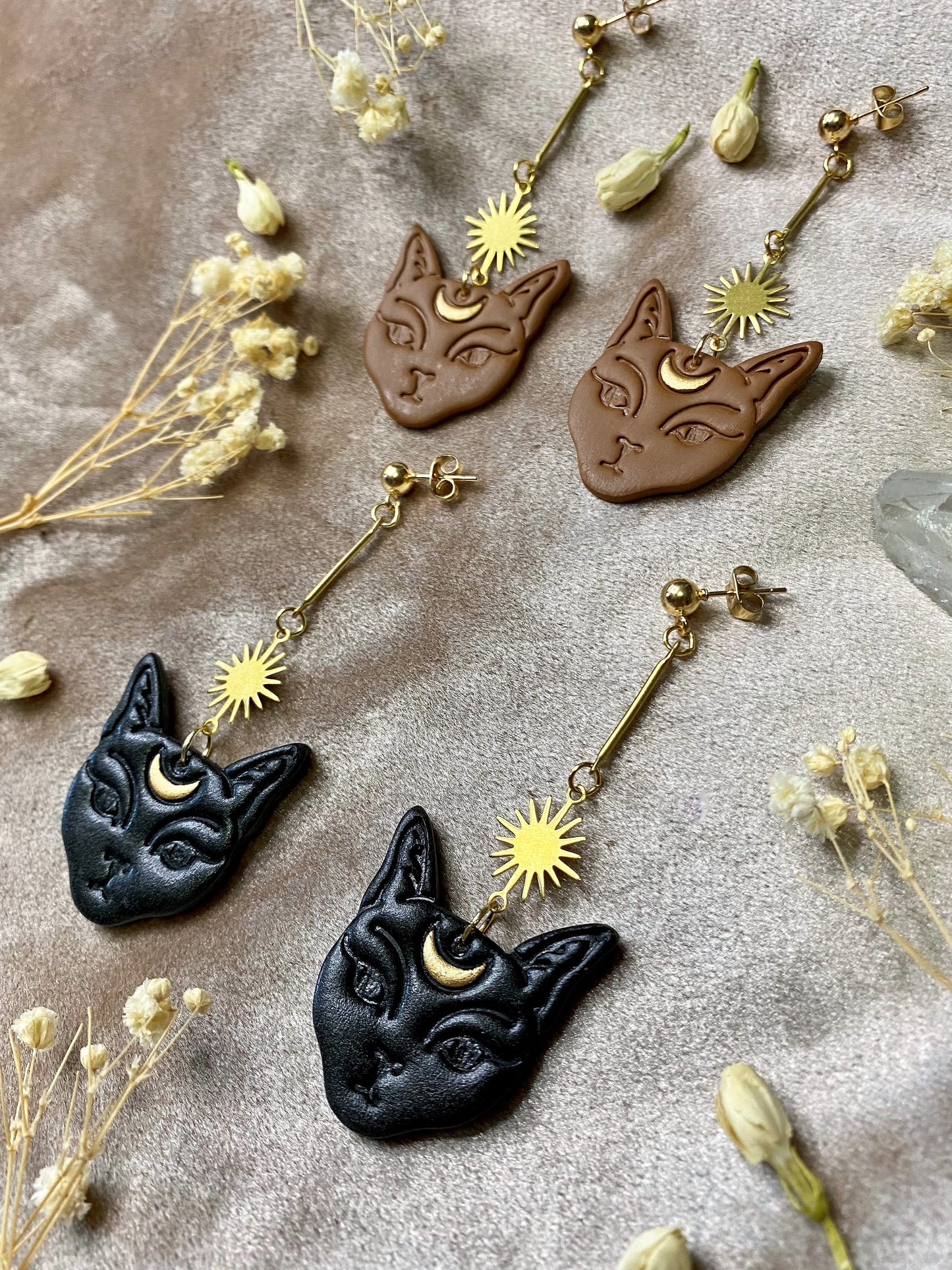 moon and cat clay earrings